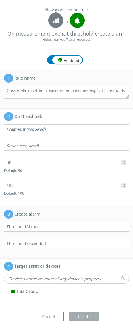 On measurement explicit threshold create alarm